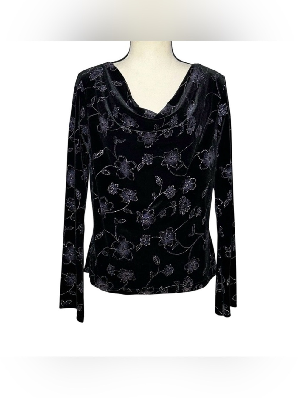 3/$20 💥 Leslie Fay Black Velvet Floral Top Magic Waist Stretch Draped Neck Fairy